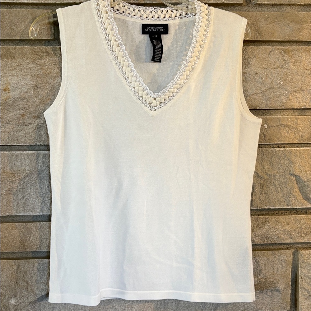 Jones New York Cream Sleeveless Top with Crochet and Pearl Detail